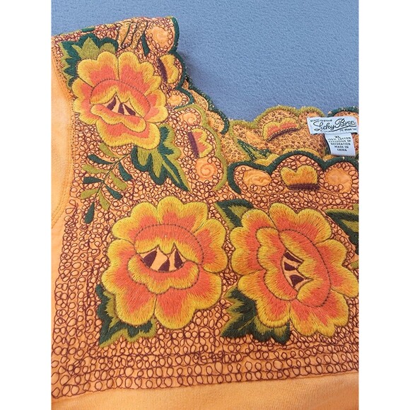 Lucky Brand Sweatshirt Womens XL Orange Embroidered Floral Square Neck Boho - Picture 4 of 12